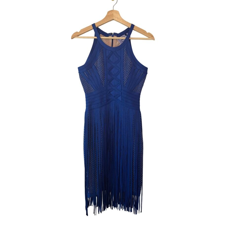 Herve Leger Mahala Plaited Chevron Fringe Bandage Bodycon Dress Royal Blue S